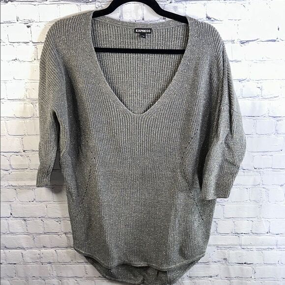✨ Express Gray Metallic Shimmer Sweater - V-Neck, Three-Quarter Sleeve, Size Sm - Picture 1 of 3